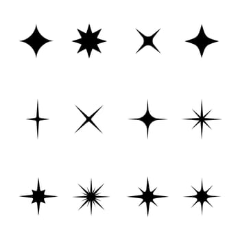 Set of black stars sparkles and twinkles symbols. Bright flash, dazzle light, shiny glow icons collection. Star light particles. Vector illustration