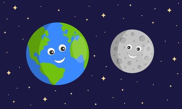 Cute Earth and Moon characters on dark sace starry background. Astronomy for kids. Vector cartoon illustration