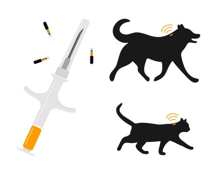 Pets microchipping concept. Syringe with microchips, dog and cat silhouettes with implants and RFID signals. Animals permanent identification. Vector flat illustration.