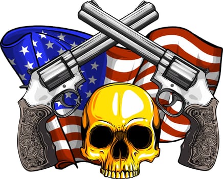 Smiling skull with revolvers with american flag