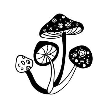 Magic mushrooms. Psychedelic hallucination. Outline vector illustration isolated on white. 60s hippie art.