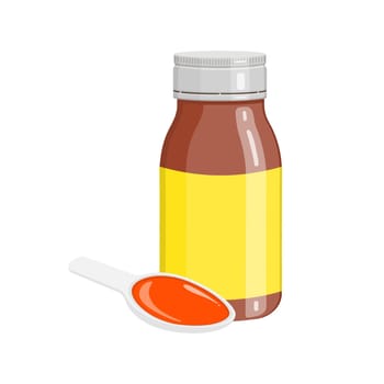 Cough syrup in bottle and spoon with poured doze isolated on white background. Liquid medicine for sore throat, cold, flu and other respiratory tract infection. Vector cartoon illuctration