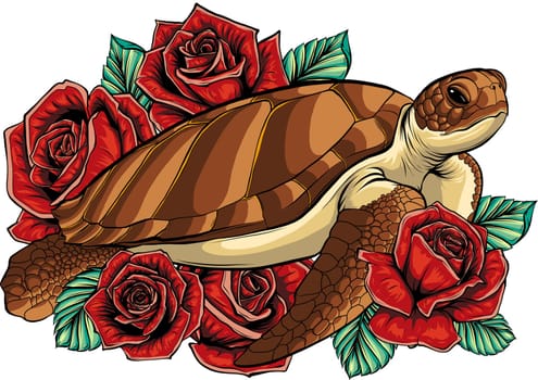vector illustration of sea turtle with roses