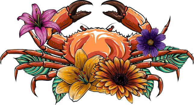 composition crab and flowers vector illustration