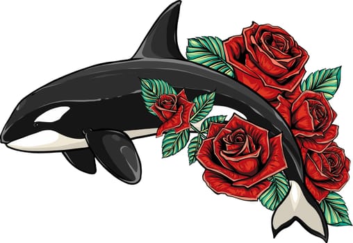 Killer whale with roses vector illustration