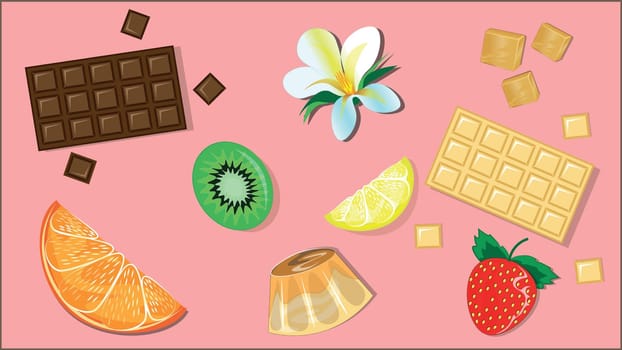 Background with chocolate bars, pudding, fruit and berries for any design and shape.