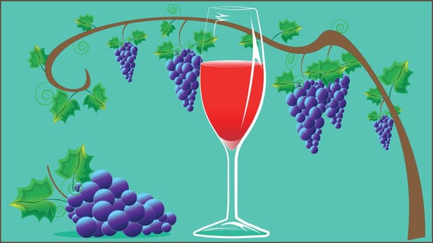 A branch of ripe, delicious grape. A glass of fine wine, a glass of delicious grape juice.