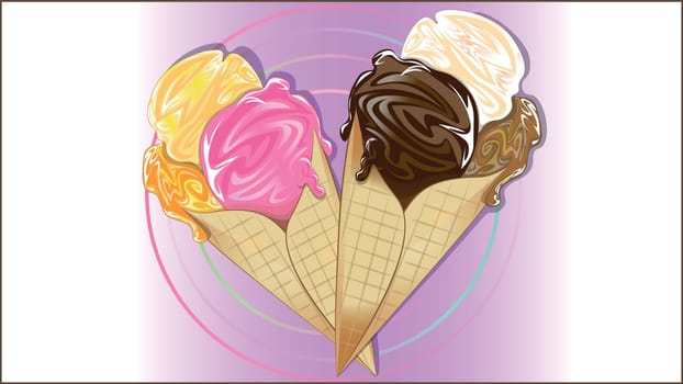 Ice cream cone. Delicious ice cream cone flavours of strawberry, caramel, orange, chocolate, pudding and vanilla.