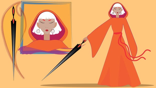A warrior girl with white hair in a long hooded dress holds a narrow sword in her hand.