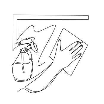 Right hand holding a mirror cleaning cloth, left hand holding a spray bottle. Vector