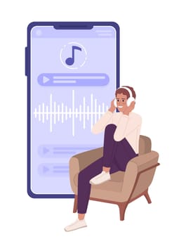 Young man listening to audiobook on mobile phone flat concept vector spot illustration