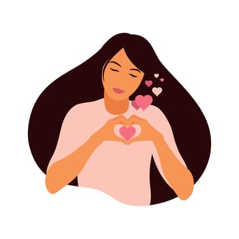Love yourself concept. Young girl making hand heart symbol with her fingers that express love and acceptance. Flat vector.
