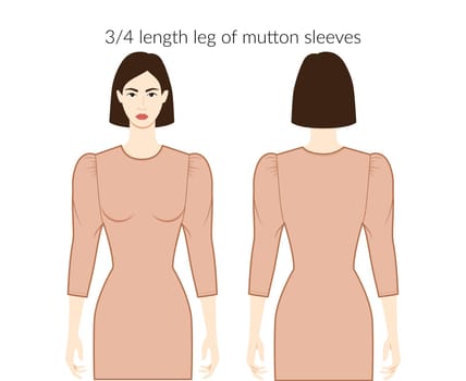 Leg of mutton sleeves clothes character beautiful lady in nude top, shirt, dress technical fashion illustration with 3-4