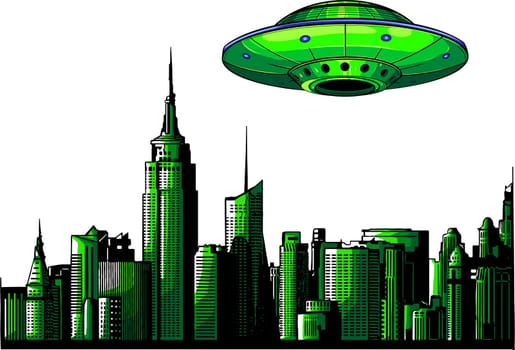 UFO with Flying Over City