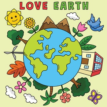 Love Earth Colored Cartoon Illustration