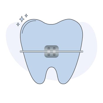 Cute tooth with dental metal braces. Dental braces on tooth orthodontic correction treatment concept. Flat vector illustration