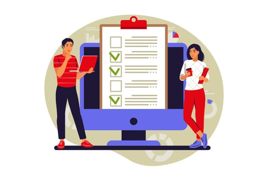 To do list concept. People is standing near large to do list. Vector illustration. Flat.