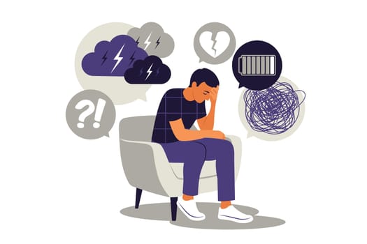 Depressed sad man thinking over problems. Bankruptcy, loss, crisis, burnout syndrome, relationship trouble concept. Vector illustration. Flat.