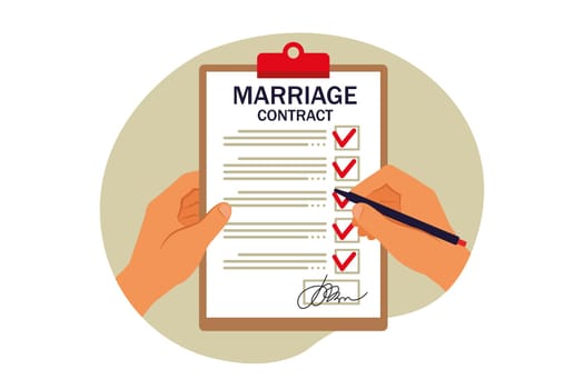 Concept marriage contract. Signing marriage contract. Vector illustration. Flat.