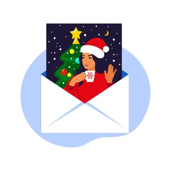 Xmas greeting card. Happy woman celebrate winter holidays. New Year's attributes. Vector illustration. Flat
