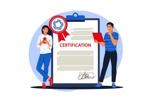 Business certificate and development concept. Young people woman and man standing near huge certificate with official stamp. Vector illustration. Flat