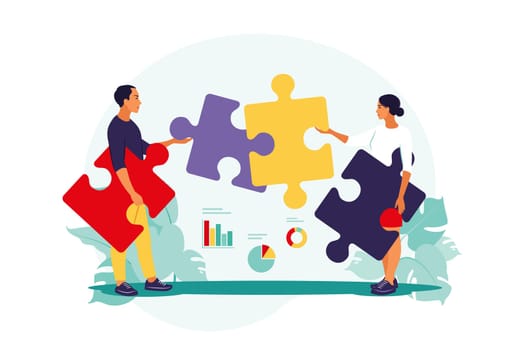 Problem solving. creative decision, difficult task concept. Man and woman assembling puzzle. Cooperation and teamwork. Vector illustration. Flat.