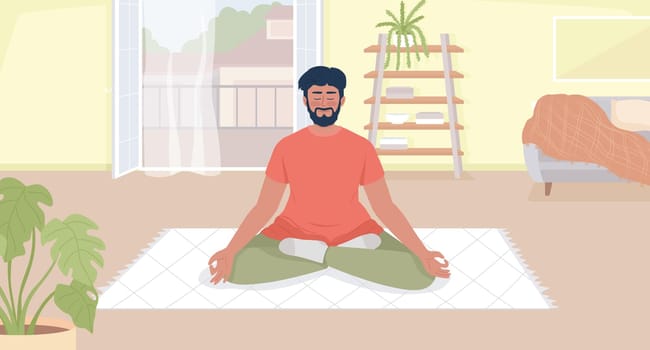 Morning meditation for gratitude flat color vector illustration