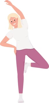 Blond smiling woman improving body stability semi flat color vector character