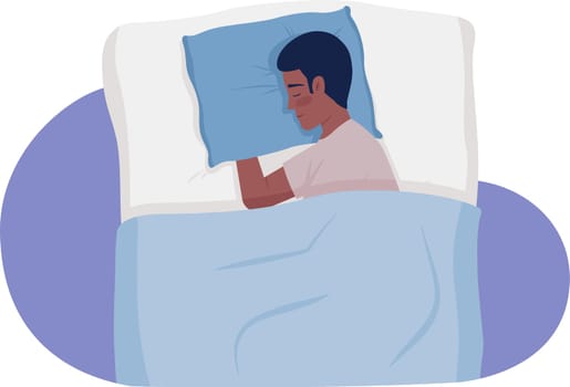 Young man embracing soft pillow while napping semi flat color vector character