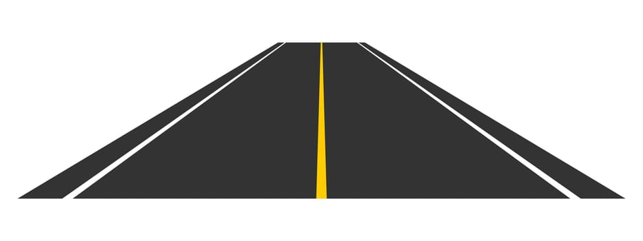 View of road stretching into distance. Empty highway with marking going far away. Travelling, trip, forward movement, future concept. Vector flat illustration