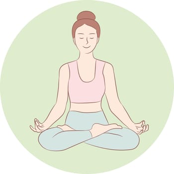 Young woman is sitting in lotus position with closed eyes and smile