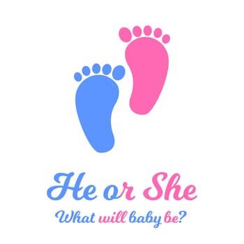 Baby boy and girl footprints, blue and pink colors. Gender reveal party invitation card or banner. He or she concept. Vector flat illustration