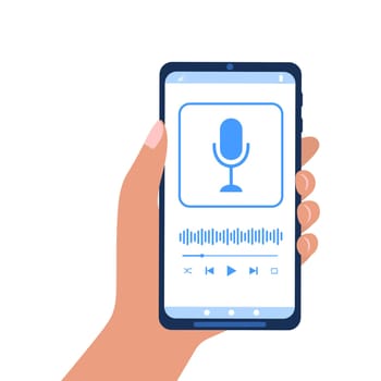 Hand holding smartphone with podcast player interface on screen. Listening music, online radio or live stream on mobile app concept. Vector flat illustration