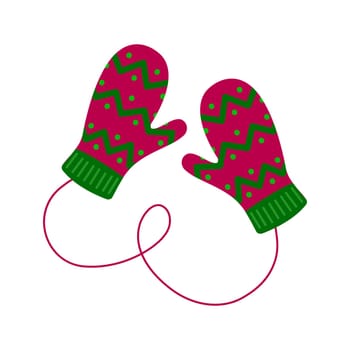 Pair of woolen knitted mittens with zigzag pattern. Cozy winter gloves isolated on the white background. Vector flat illustration