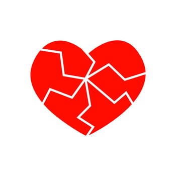 Red cracked heart icon isolated on white background. Pictogram of medicine for the cardiovascular system. Symbol of heartbreak, infarct, divorce, parting. Vector flat illustration