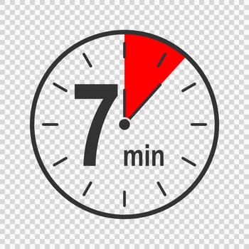 Clock icon with 7 minute time interval. Countdown timer or stopwatch symbol. Infographic element for cooking or sport game isolated on transparent background