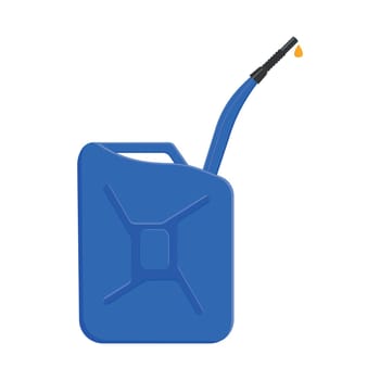 Fuel jerrycan with spout and pouring petrol drop. Blue gasoline canister isolated on white background. Vector cartoon illustration
