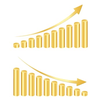 Golden cylinders bar graph with rising and decreasing arrows. Growth and reduction rate symbols. Column chart elements for finance statistical infographic. Vector 3d illustration