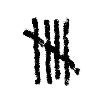 Charcoal tally mark. Hand drawn sticks sorted by four and crossed out by slash line. Day counting symbol on prison wall. Unary numeral system sign. Vector graphic illustration