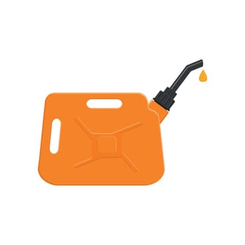 Gasoline can with spout and pouring petrol drop. Orange fuel jerrycan isolated on white background. Vector cartoon illustration