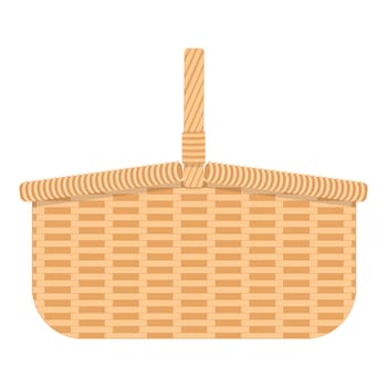 Wicker hamper for food and drinks. Woven willow basket for camping isolated on white background. Vector flat cartoon illustration