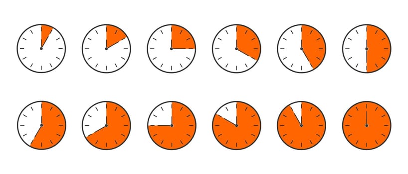 Countdown timer or stopwatch icons set. Clocks with different orange minute time intervals isolated on white background. Infographic for cooking or sport game