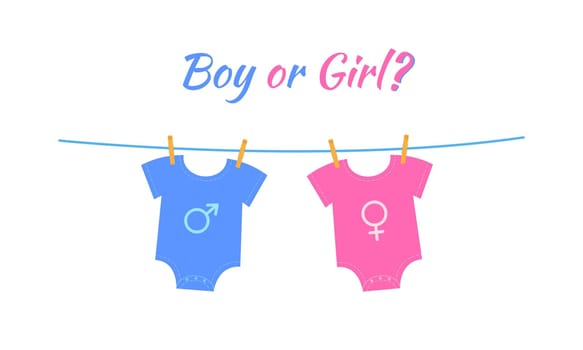 Baby boy and girl bodysuits with gender signs hanging on the rope. Gender reveal party invitation card or banner. He or she concept. Vector flat illustration