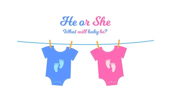 Baby bodysuits with blue and pink footprints hanging on the clothesline. Gender reveal party invitation card or banner. Boy or girl coming soon concept. Vector flat illustration