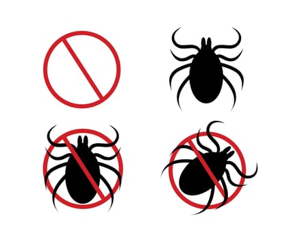 Stop mite icon set. Red forbidden sign, tick silhouette and two variations of pictogram for insect spray killer repellent isolated on white background. Vector flat illustration