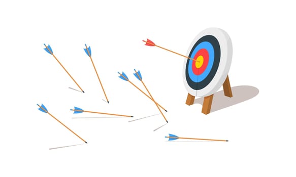 Archery target ring with one hitting and lots of missed arrows. Goal achieving idea. Business success and failure concept. Vector cartoon illustration