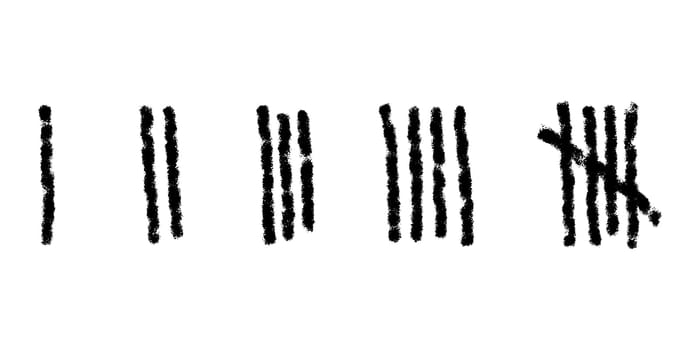 Charcoal tally marks isolated on white background. Day counting symbols on jail wall. Unary numeral system signs
