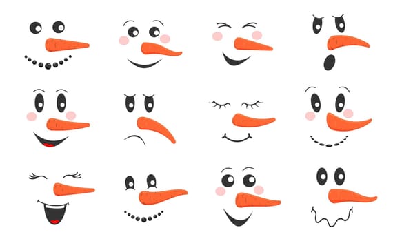 Funny snowmen faces set. Collection of cute snowman heads with different emotions and carrot noses. Winter holidays design