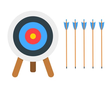 Empty dartboard on tripod and arrows isolated on white background. Archery target ring constructor for sport or business infographic. Vector cartoon illustration