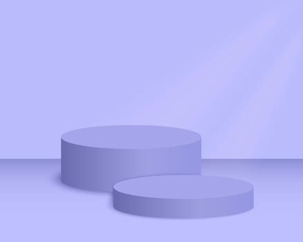 Round purple podiums. Empty pedestal mockup in trendy very peri colors for product presentation. Clean cylindrical showcase platform. Vector realistic illustration
